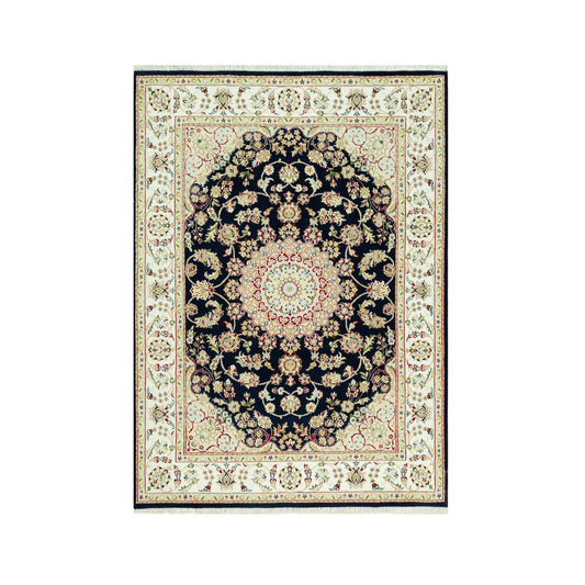 Fine Oriental Wool Hand Knotted Rug Blue Ivory 5.0X6.11 -O090493