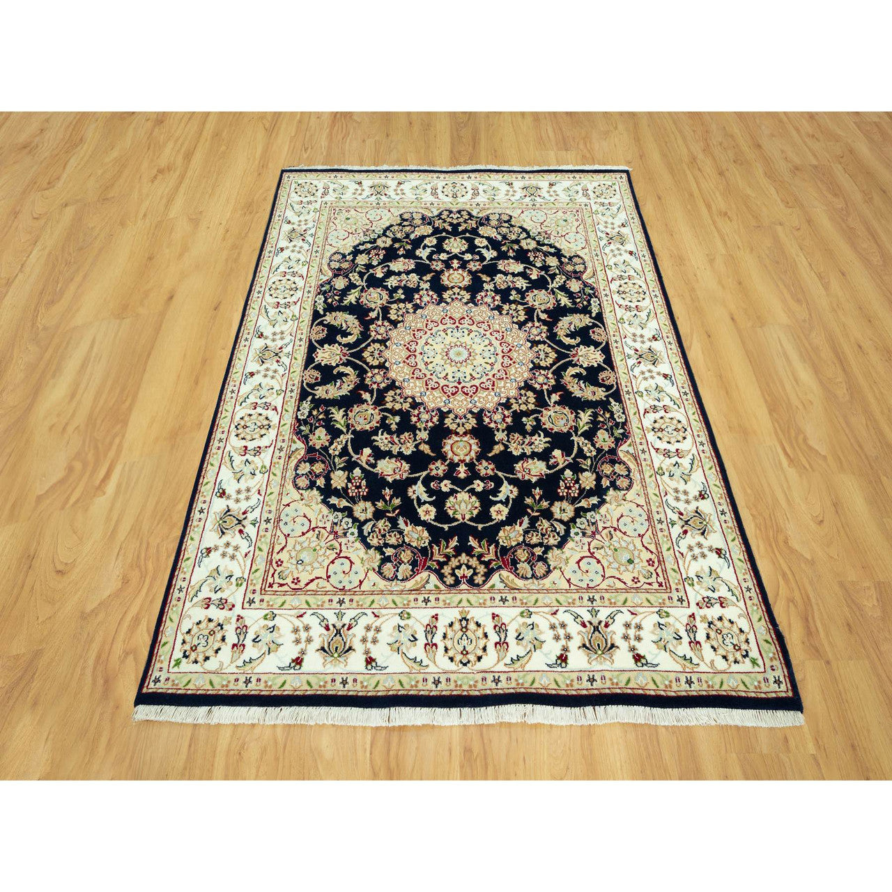 Fine Oriental Wool Hand Knotted Rug Blue Ivory 5.0X6.11 -O090493