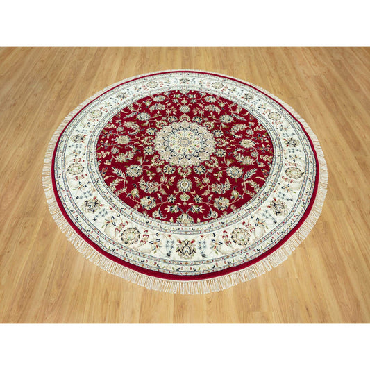 Fine Oriental Wool Hand Knotted Rug Red Ivory 7.8X7.8 -O090496