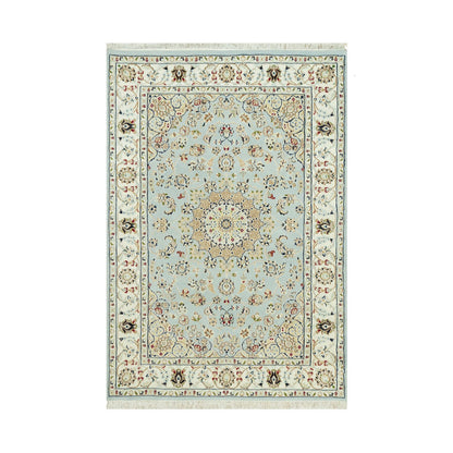 Fine Oriental Wool Hand Knotted Rug Blue Ivory 4.2X6.1 -O090509