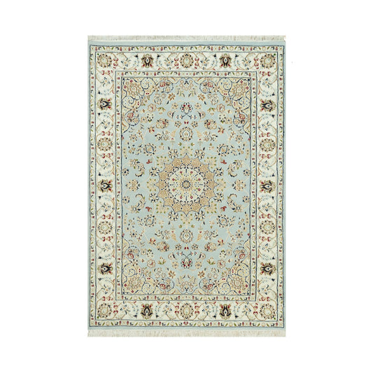 Fine Oriental Wool Hand Knotted Rug Blue Ivory 4.2X6.1 -O090509