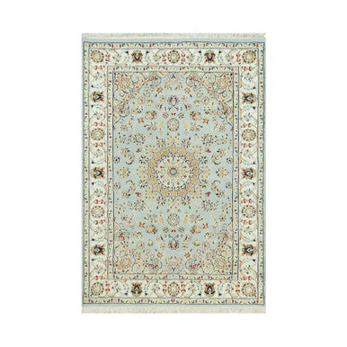 Fine Oriental Wool Hand Knotted Rug Blue Ivory 4.2X6.1 -O090509