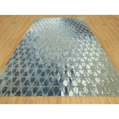 Modern and Contemporary Wool & Silk Hand Knotted Rug Blue No Border 12.0X14.10 -O090526