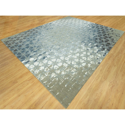 Modern and Contemporary Wool & Silk Hand Knotted Rug Blue No Border 12.0X14.10 -O090526