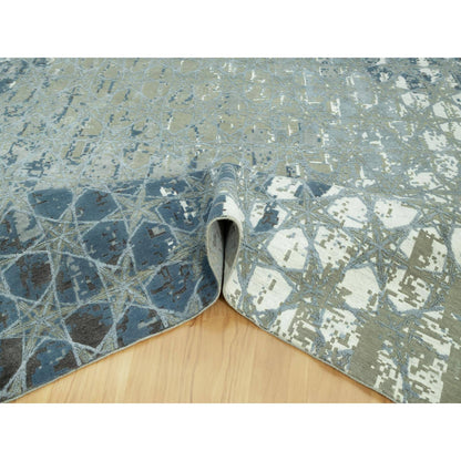 Modern and Contemporary Wool & Silk Hand Knotted Rug Blue No Border 12.0X14.10 -O090526