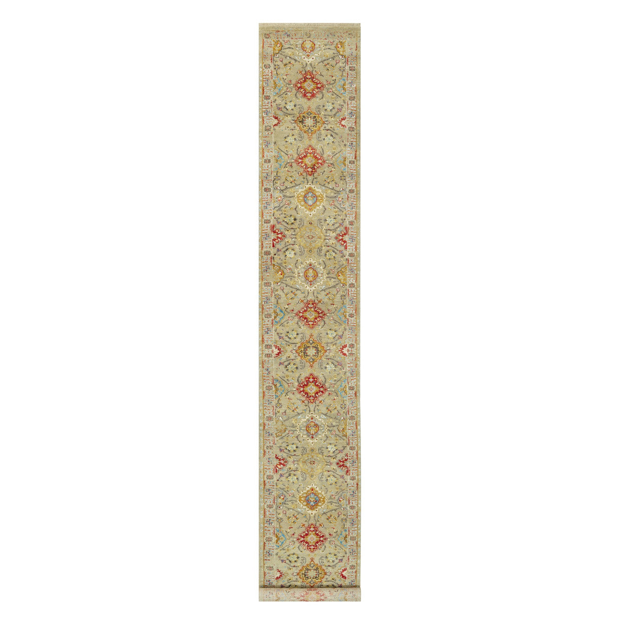 Beige 2'9" x 18'0" Transitional Hand knotted Wool/Silk Rug - Sku: O090530