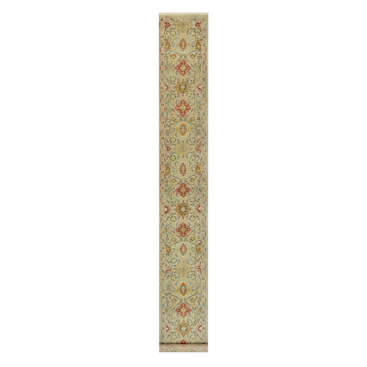 Beige 2'7" x 19'10" Transitional Hand knotted Wool/Silk Rug - Sku: O090533
