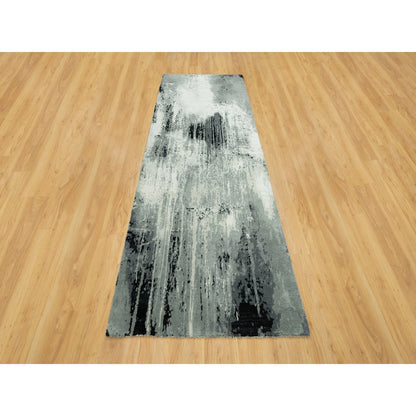 Modern and Contemporary Wool & Silk Hand Knotted Rug Black No Border 4.0X10.0 -O090547