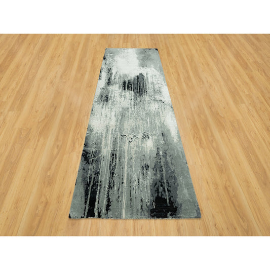 Modern and Contemporary Wool & Silk Hand Knotted Rug Black No Border 4.0X10.0 -O090547