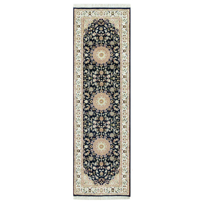 Fine Oriental Wool Hand Knotted Rug Blue Ivory 2.6X8.4 -O090586
