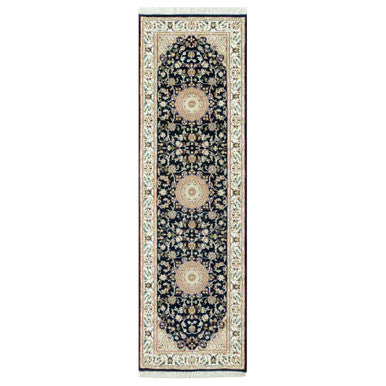 Fine Oriental Wool Hand Knotted Rug Blue Ivory 2.6X8.4 -O090586