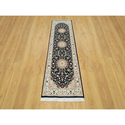 Fine Oriental Wool Hand Knotted Rug Blue Ivory 2.6X8.4 -O090586