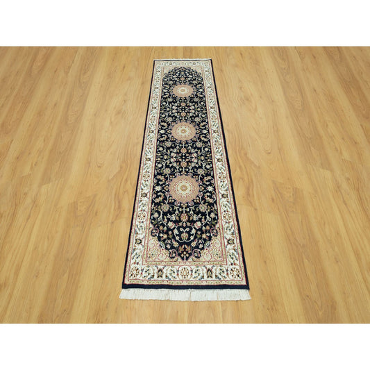 Fine Oriental Wool Hand Knotted Rug Blue Ivory 2.6X8.4 -O090586
