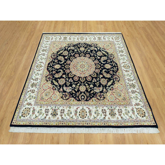 Fine Oriental Wool Hand Knotted Rug Blue Ivory 6.7X6.7 -O090593