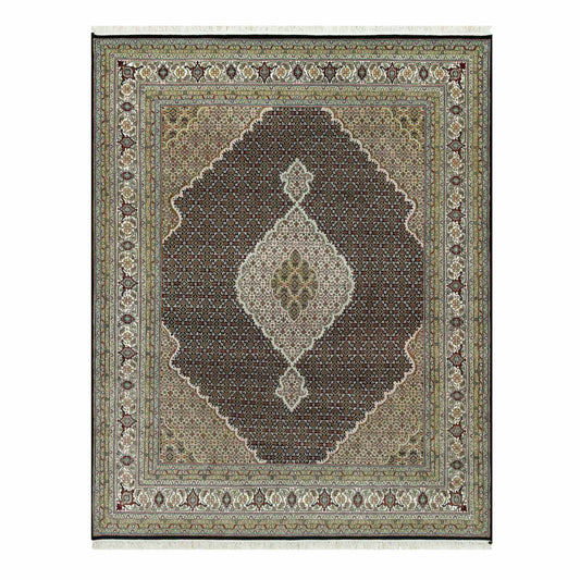 Fine Oriental Wool Hand Knotted Rug Black Ivory 7.10X10.2 -O090600