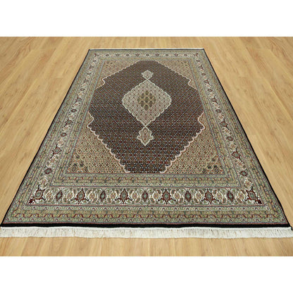 Fine Oriental Wool Hand Knotted Rug Black Ivory 7.10X10.2 -O090600