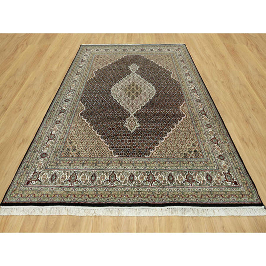 Fine Oriental Wool Hand Knotted Rug Black Ivory 7.10X10.2 -O090600