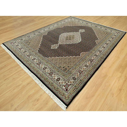 Fine Oriental Wool Hand Knotted Rug Black Ivory 7.10X10.2 -O090600
