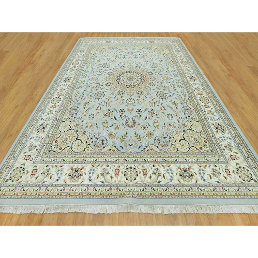 Fine Oriental Wool Hand Knotted Rug Blue Ivory 11.6X15.6 -O090608