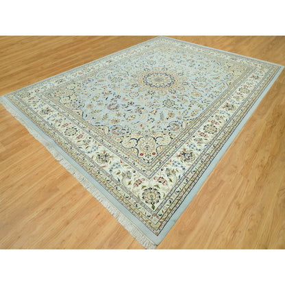 Fine Oriental Wool Hand Knotted Rug Blue Ivory 11.6X15.6 -O090608
