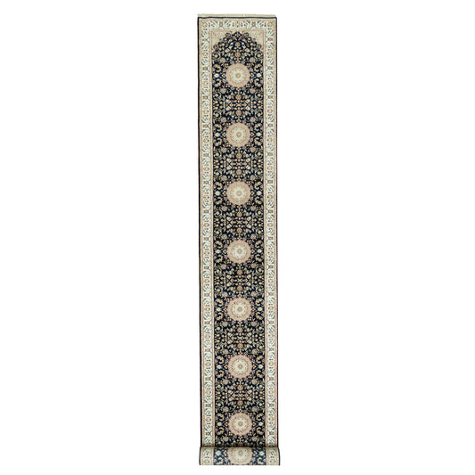 Fine Oriental Wool Hand Knotted Rug Blue Ivory 2.9X20.1 -O090610