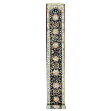 Fine Oriental Wool Hand Knotted Rug Blue Ivory 2.9X20.1 -O090610