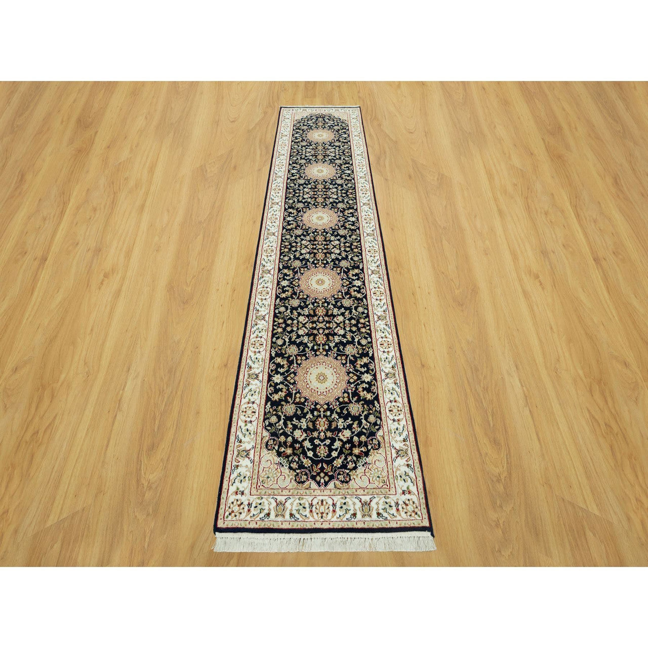 Fine Oriental Wool Hand Knotted Rug Blue Ivory 2.9X12.0 -O090611