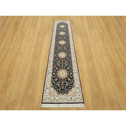 Fine Oriental Wool Hand Knotted Rug Blue Ivory 2.9X12.0 -O090611