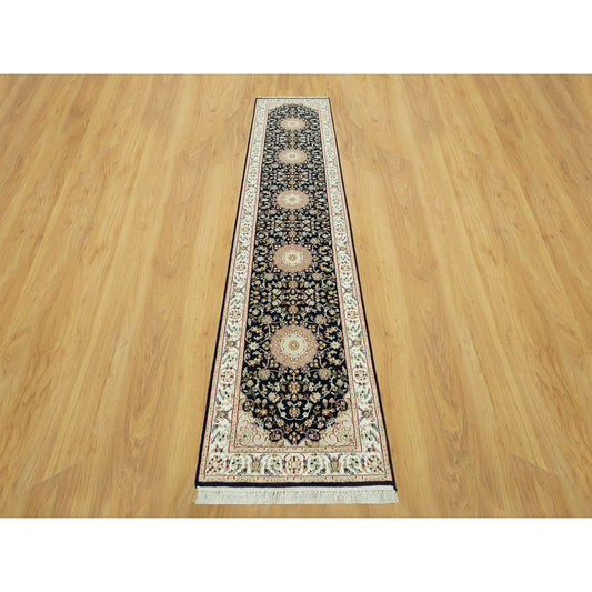 Fine Oriental Wool Hand Knotted Rug Blue Ivory 2.9X12.0 -O090611
