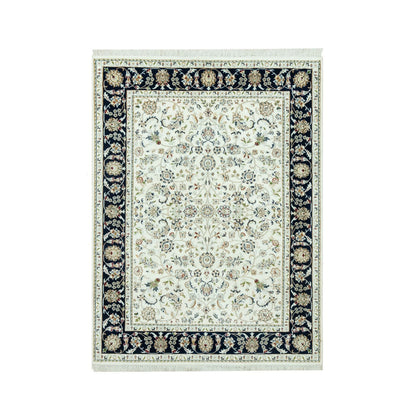 Fine Oriental Wool Hand Knotted Rug Ivory Blue 5.0X6.11 -O090615