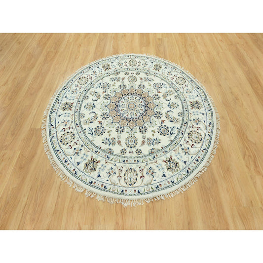 Fine Oriental Wool Hand Knotted Rug Ivory Ivory 5.0X5.0 -O090617