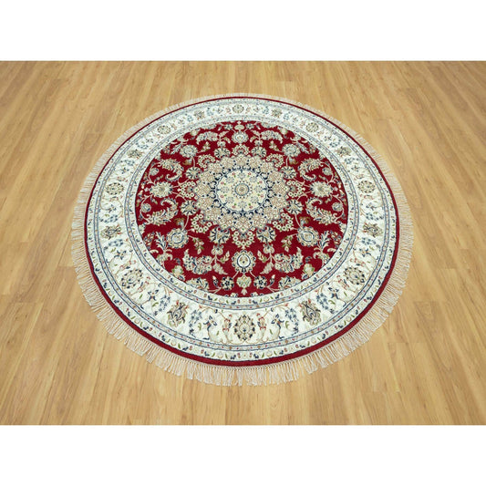 Fine Oriental Wool Hand Knotted Rug Red Ivory 6.8X6.8 -O090618