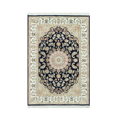 Fine Oriental Wool Hand Knotted Rug Blue Ivory 4.3X6.3 -O090619