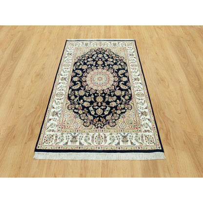 Fine Oriental Wool Hand Knotted Rug Blue Ivory 4.3X6.3 -O090619