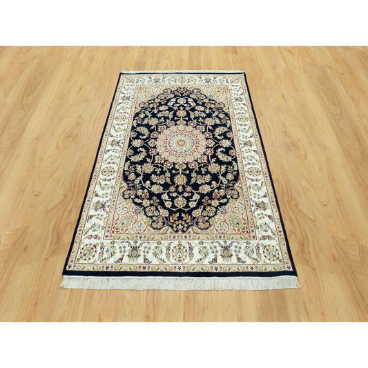 Fine Oriental Wool Hand Knotted Rug Blue Ivory 4.3X6.3 -O090619