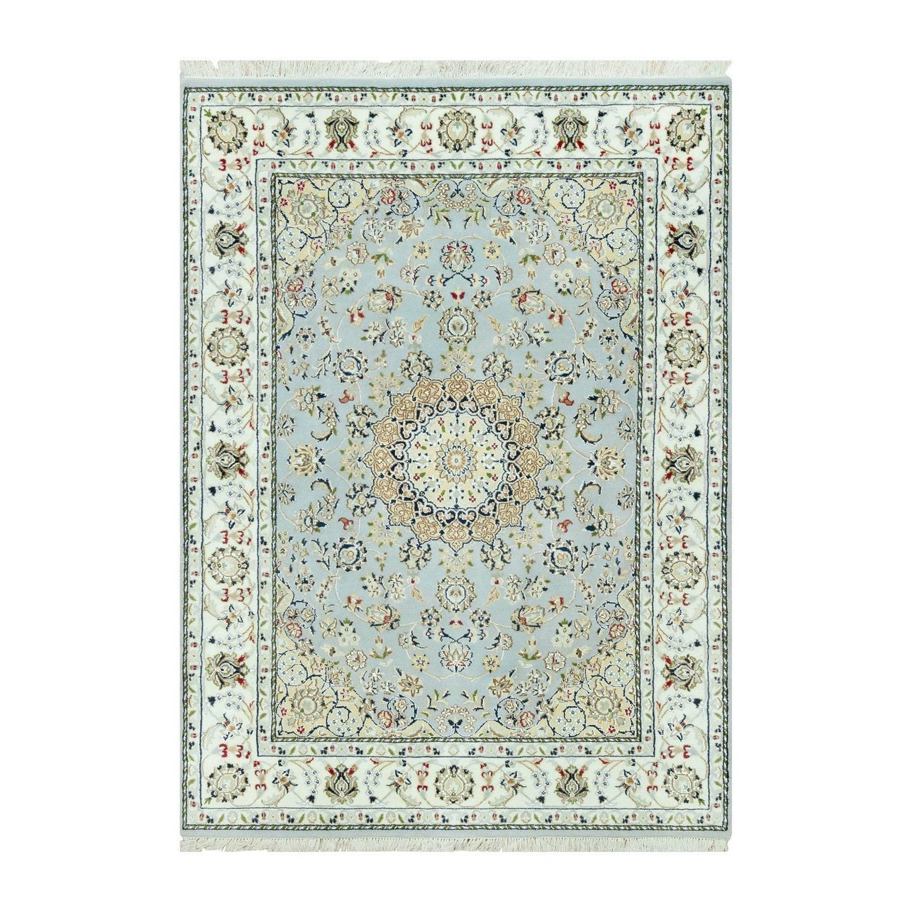 Fine Oriental Wool Hand Knotted Rug Blue Ivory 4.11X6.9 -O090620