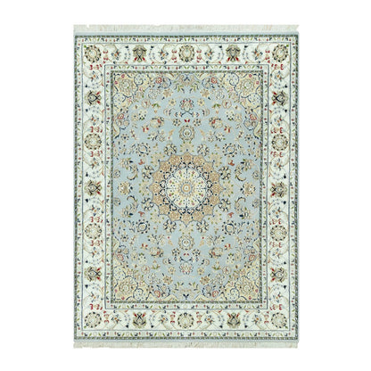 Fine Oriental Wool Hand Knotted Rug Blue Ivory 4.11X6.9 -O090620