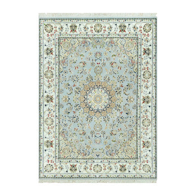 Fine Oriental Wool Hand Knotted Rug Blue Ivory 4.11X6.9 -O090620