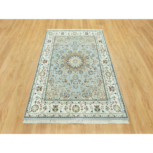 Fine Oriental Wool Hand Knotted Rug Blue Ivory 4.11X6.9 -O090620