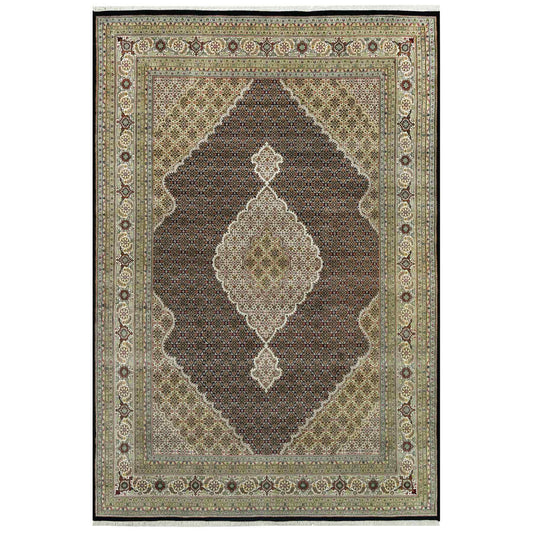 Fine Oriental Wool Hand Knotted Rug Black Ivory 9.8X14.2 -O090624