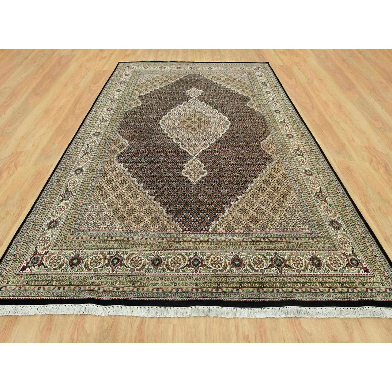 Fine Oriental Wool Hand Knotted Rug Black Ivory 9.8X14.2 -O090624