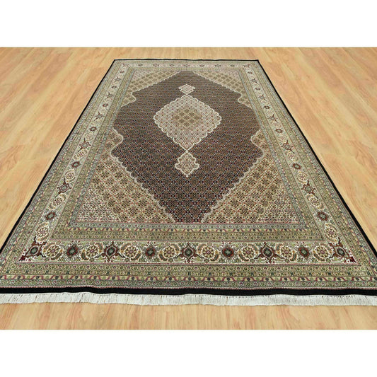 Fine Oriental Wool Hand Knotted Rug Black Ivory 9.8X14.2 -O090624