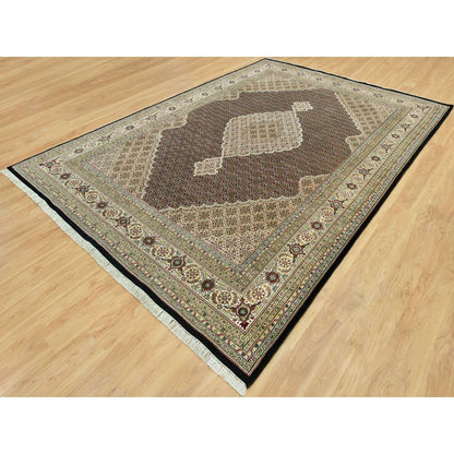 Fine Oriental Wool Hand Knotted Rug Black Ivory 9.8X14.2 -O090624