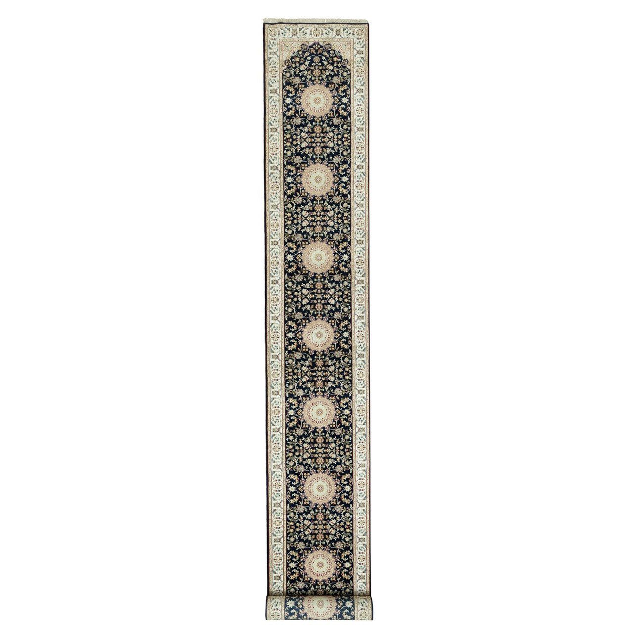 Fine Oriental Wool Hand Knotted Rug Blue Ivory 2.5X20.1 -O090627