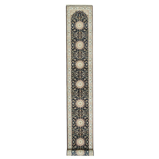 Fine Oriental Wool Hand Knotted Rug Blue Ivory 2.5X20.1 -O090627