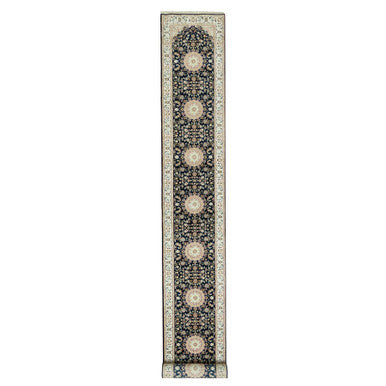 Fine Oriental Wool Hand Knotted Rug Blue Ivory 2.5X20.1 -O090627