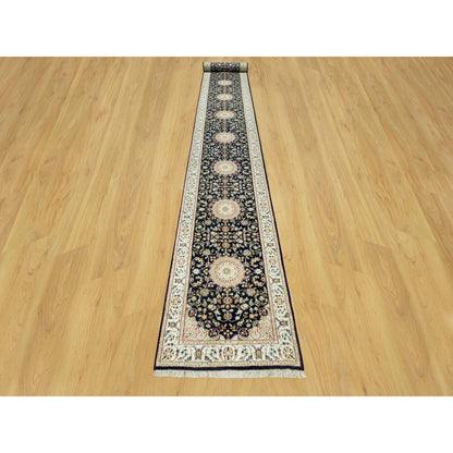 Fine Oriental Wool Hand Knotted Rug Blue Ivory 2.5X20.1 -O090627