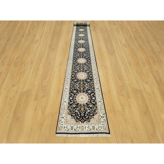 Fine Oriental Wool Hand Knotted Rug Blue Ivory 2.5X20.1 -O090627