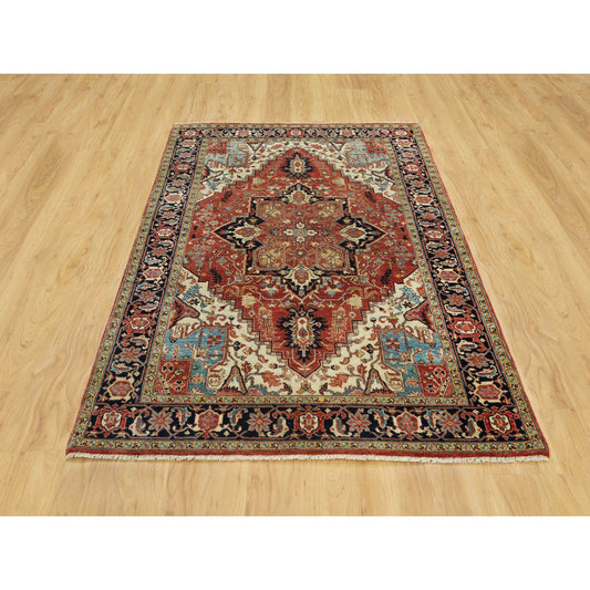 Heriz Wool Hand Knotted Rug Red Blue 4.1X6.2 -O090652