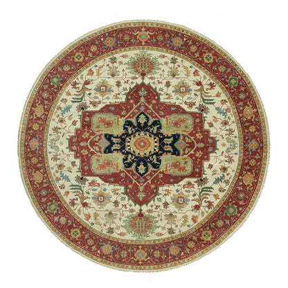 Heriz Wool Hand Knotted Rug Ivory Red 14.0X14.0 -O090661
